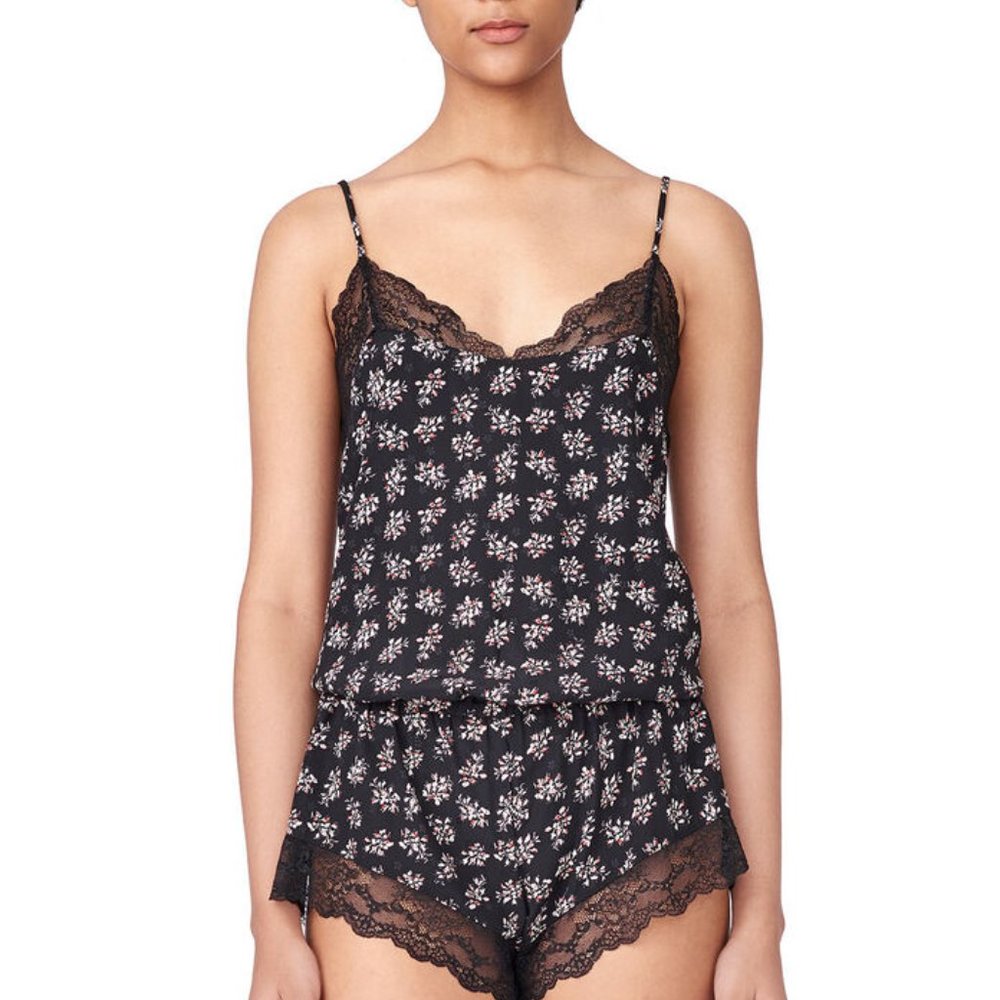 Eberjey Rebecca Taylor Silk Romper Floral Lace Trim, Black Pink and Cream, Small